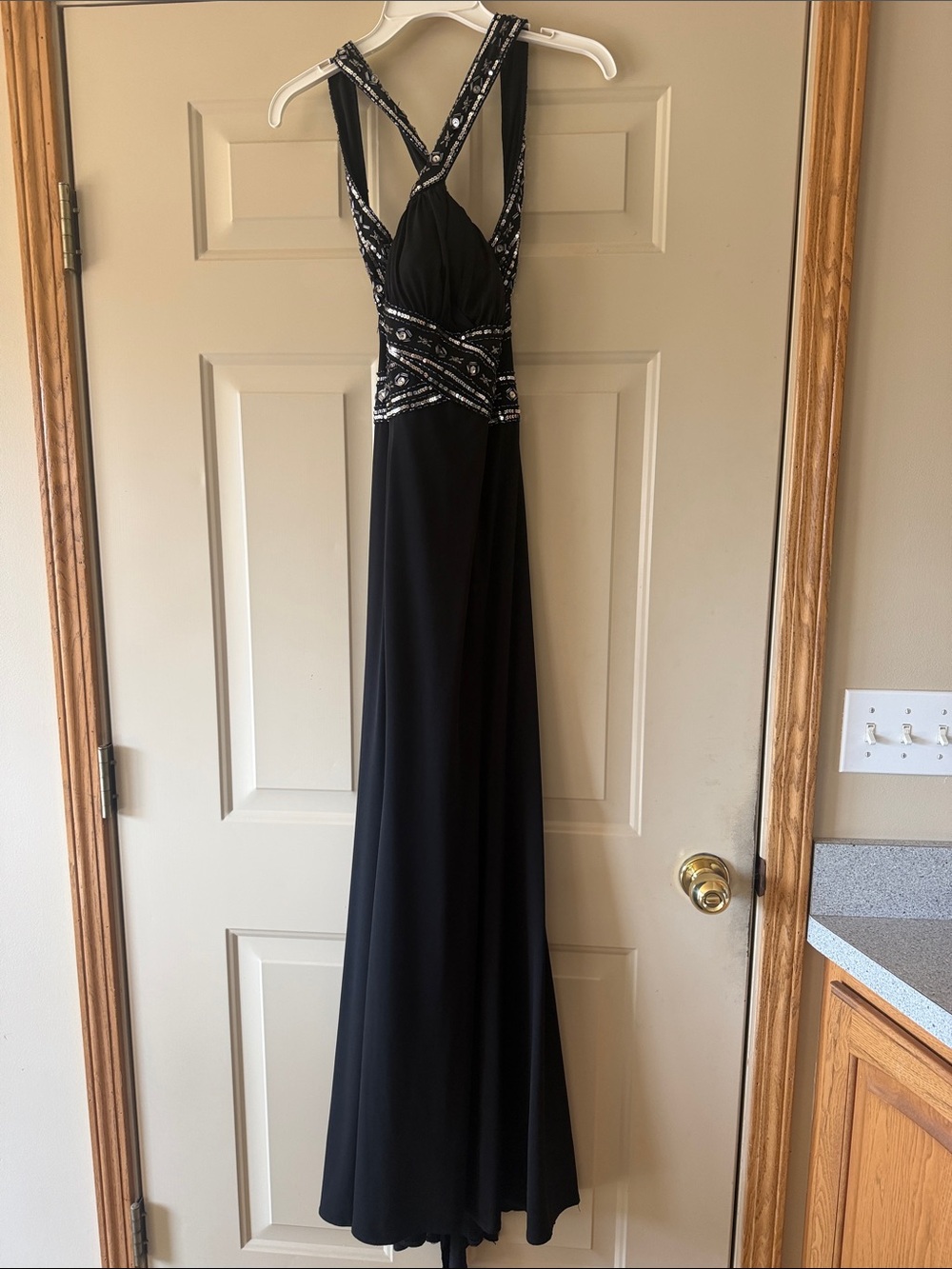 Adrianna Papell Black Beaded Cross-Back Evening Gown